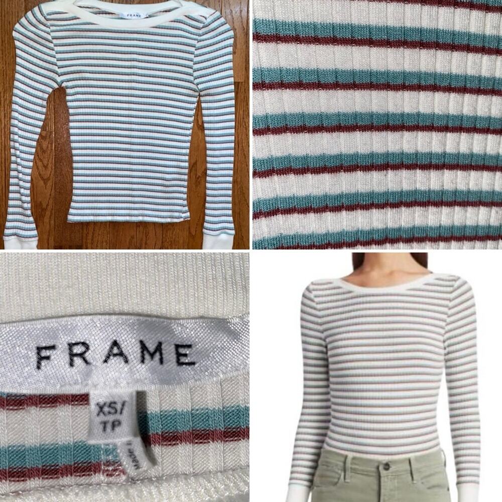 Frame $125 Cropped Stripe Knit LS Top size XS White Brown Green EUC